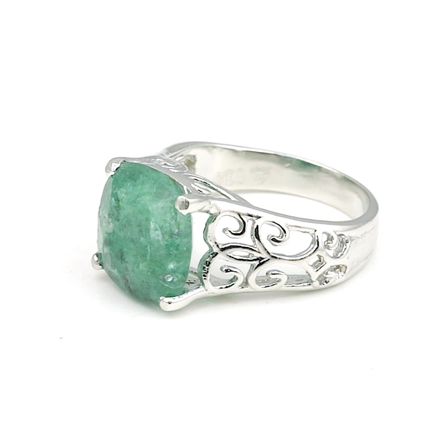Green Emerald Solitaire Ring 4.70 Ct. Cushion Cut 925 Sterling Silver Stackable