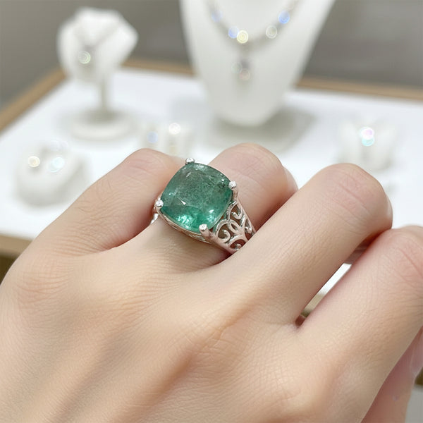 Green Emerald Solitaire Ring 4.70 Ct. Cushion Cut 925 Sterling Silver Stackable