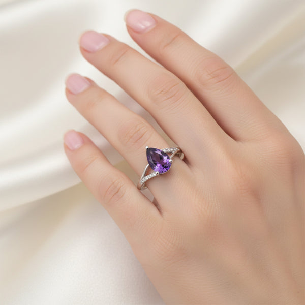 Amethyst Pear Solitaire Ring 5.80 Ct. 925 Sterling Silver Mother's Day Fine Jewe