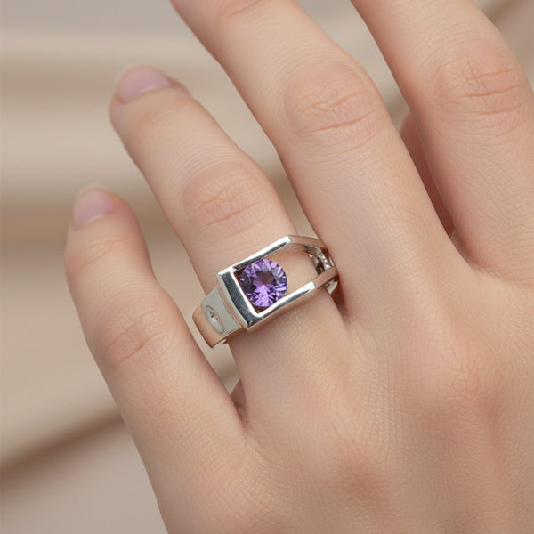 Purple Amethyst Round Cut Solitaire Ring 3.65 Ct. 925 Sterling Silver Gift for H