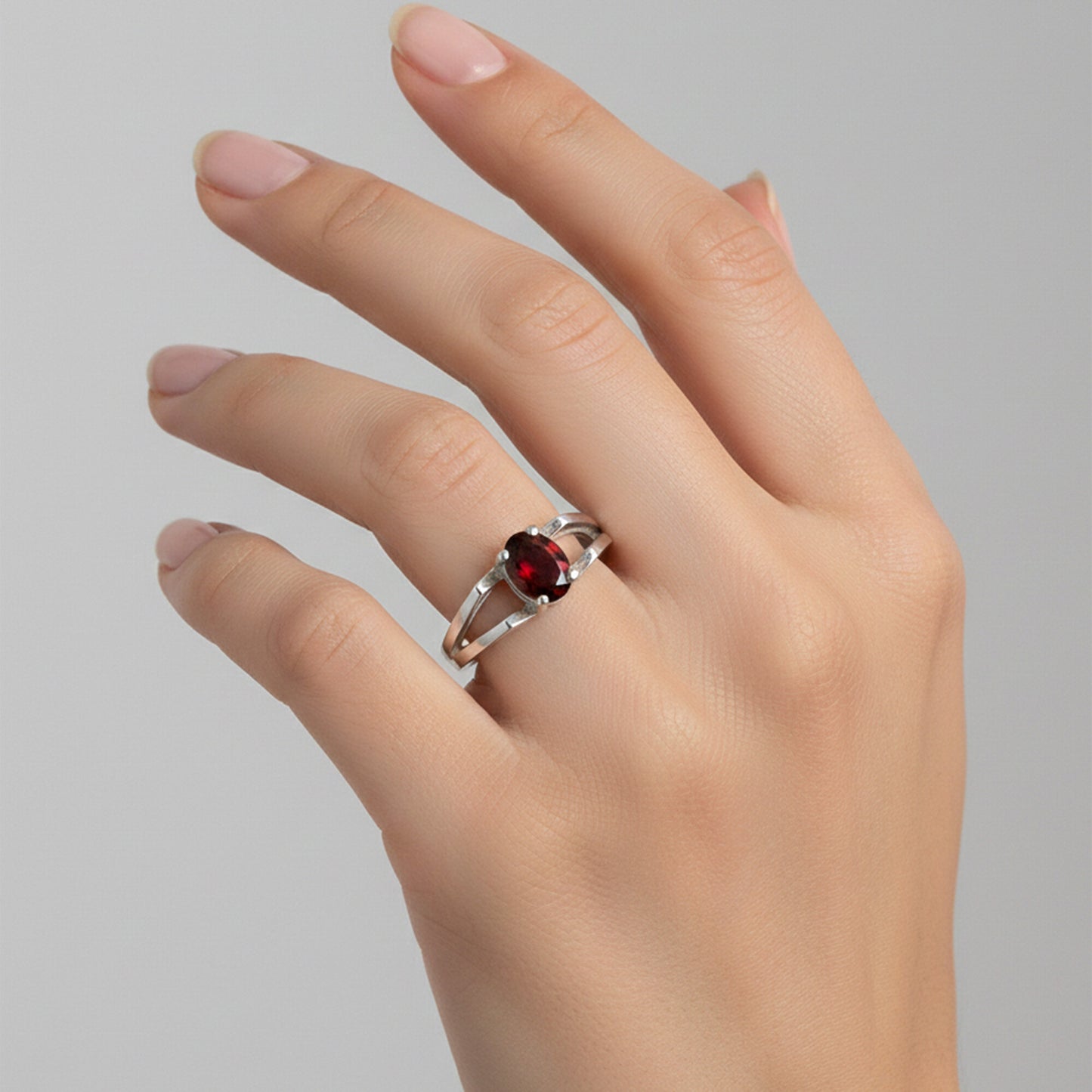 Red Garnet Solitaire Ring 3.73 Ct. Oval Cut 925 Sterling Silver Stackable Band