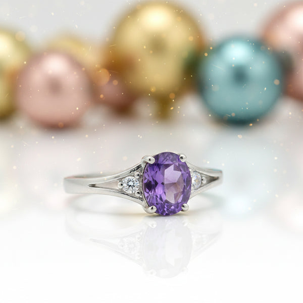 Oval Purple Amethyst Statement Ring in 925 Sterling Silver for Women Chic Design