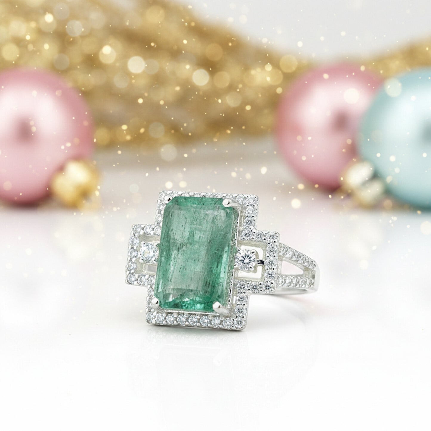925 Sterling Silver Emerald Cut Green Emerald Ring 4.20 Ct for Wedding