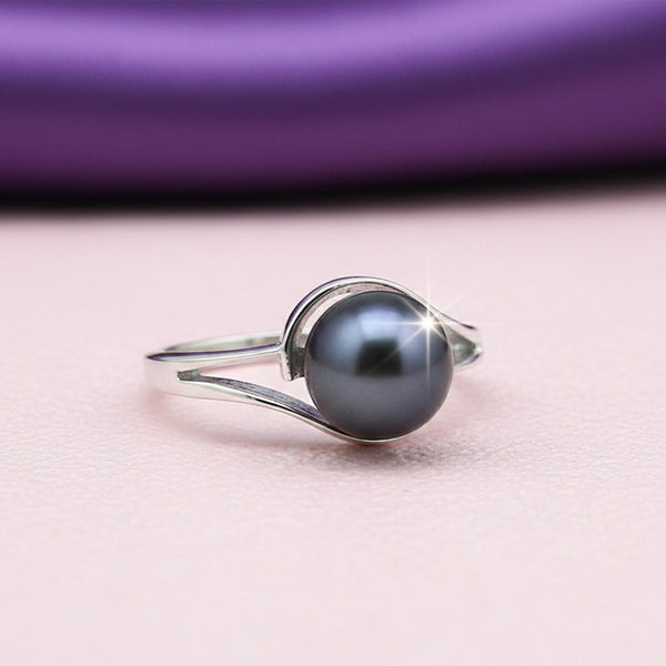 Black Pearl Round Ring Set in 925 Sterling Silver for Her Bridal Style