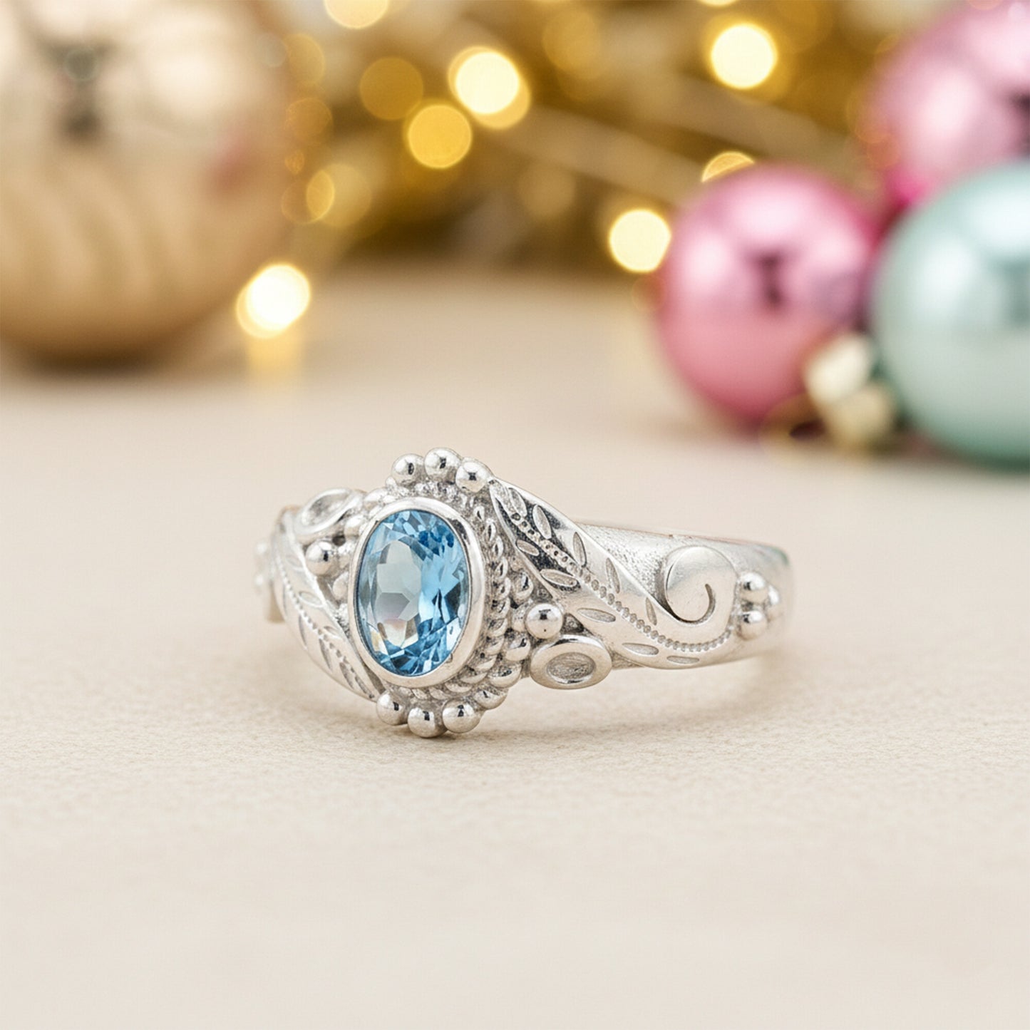 925 Sterling Silver Blue Aquamarine Oval Cut Ring for Women Luxury Style
