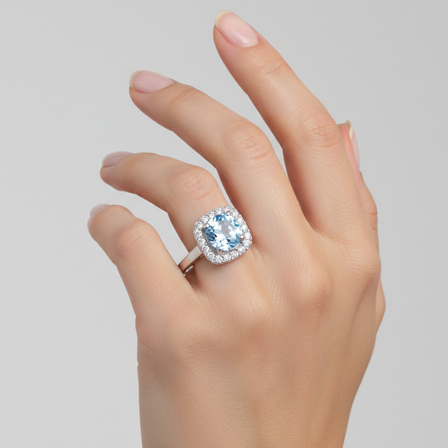 Round Blue Aquamarine Gift for Her Ring in 925 Sterling Silver Designer Look
