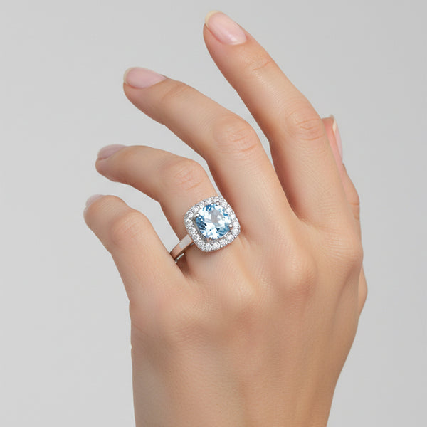 Round Blue Aquamarine Gift for Her Ring in 925 Sterling Silver Designer Look
