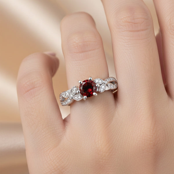 Certified Solitaire Round Cut Red Garnet Ring in 925 Sterling Silver for Women