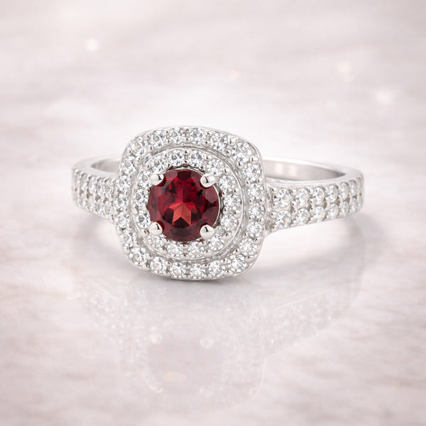 Anniversary Red Garnet Ring Round Cut in 925 Sterling Silver for Women