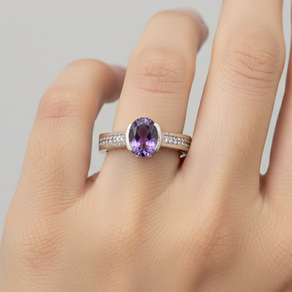 Fine Jewelry Purple Amethyst Ring Oval Cut in 925 Sterling Silver for Wedding
