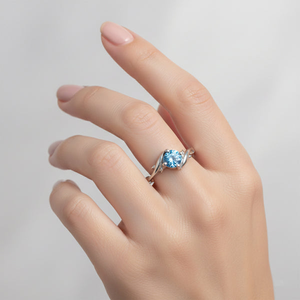 Blue Aquamarine Round Ring Set in 925 Sterling Silver for Her Luxury Style