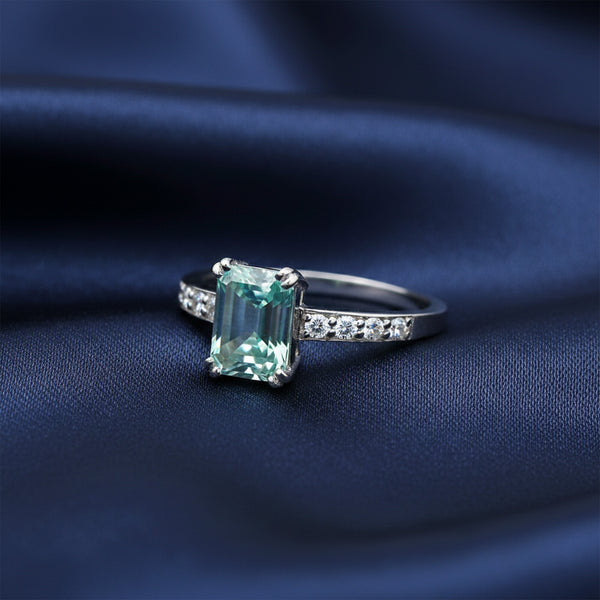 Everyday Wear Blue Aquamarine Emerald Ring in 925 Sterling Silver for Wedding