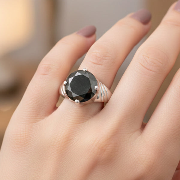 Black Moissanite Round Ring Set in 925 Sterling Silver for Her Classic Design