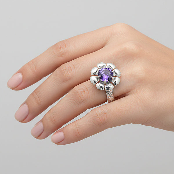 925 Sterling Silver Purple Amethyst Round Cut Ring for Women Solitaire Style