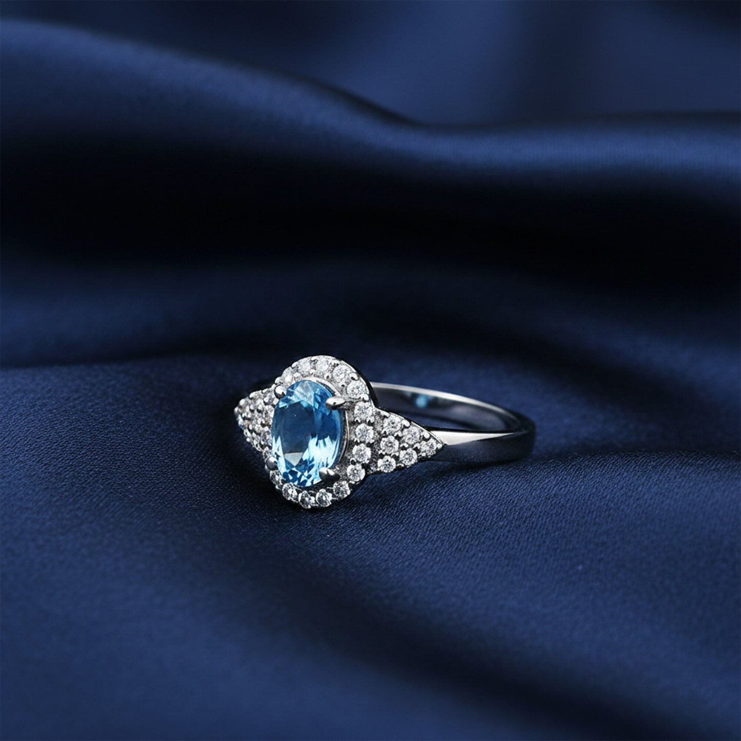Oval Blue Aquamarine Gift for Her Ring in 925 Sterling Silver Vintage Style