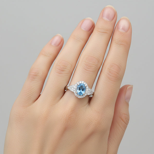 Oval Blue Aquamarine Gift for Her Ring in 925 Sterling Silver Vintage Style