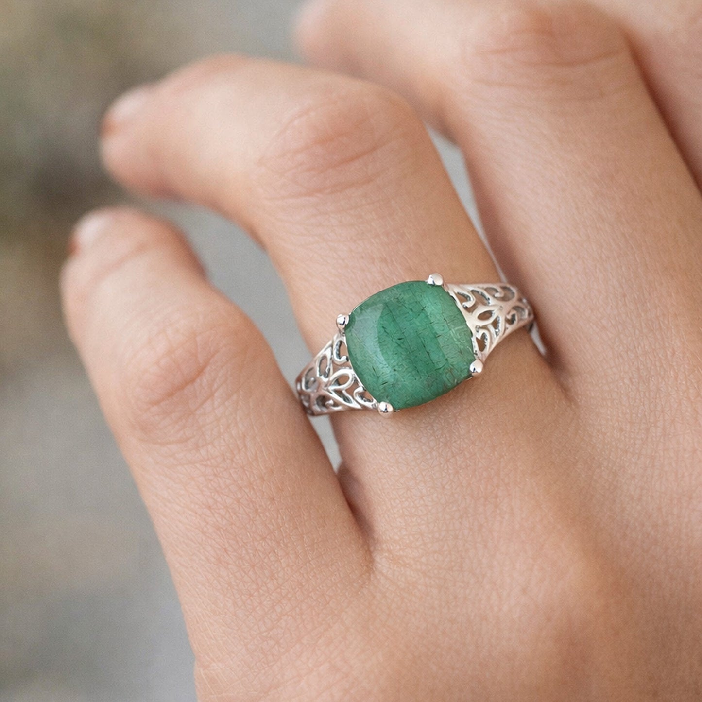 EGL Certified 3.20 Ct. Emerald Cushion Cut Ring 925 Sterling Silver Women Fine J