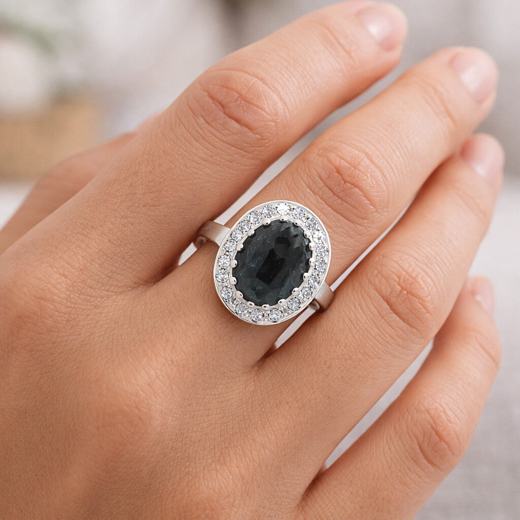 Blue Sapphire Solitaire Ring 6.50 Ct. Oval Cabochon Cut 925 Sterling Silver Stac