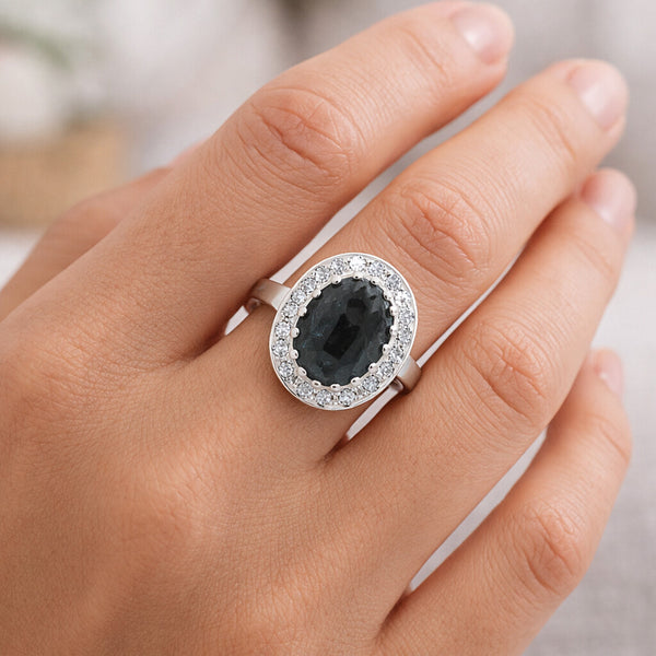 Blue Sapphire Solitaire Ring 6.50 Ct. Oval Cabochon Cut 925 Sterling Silver Stac