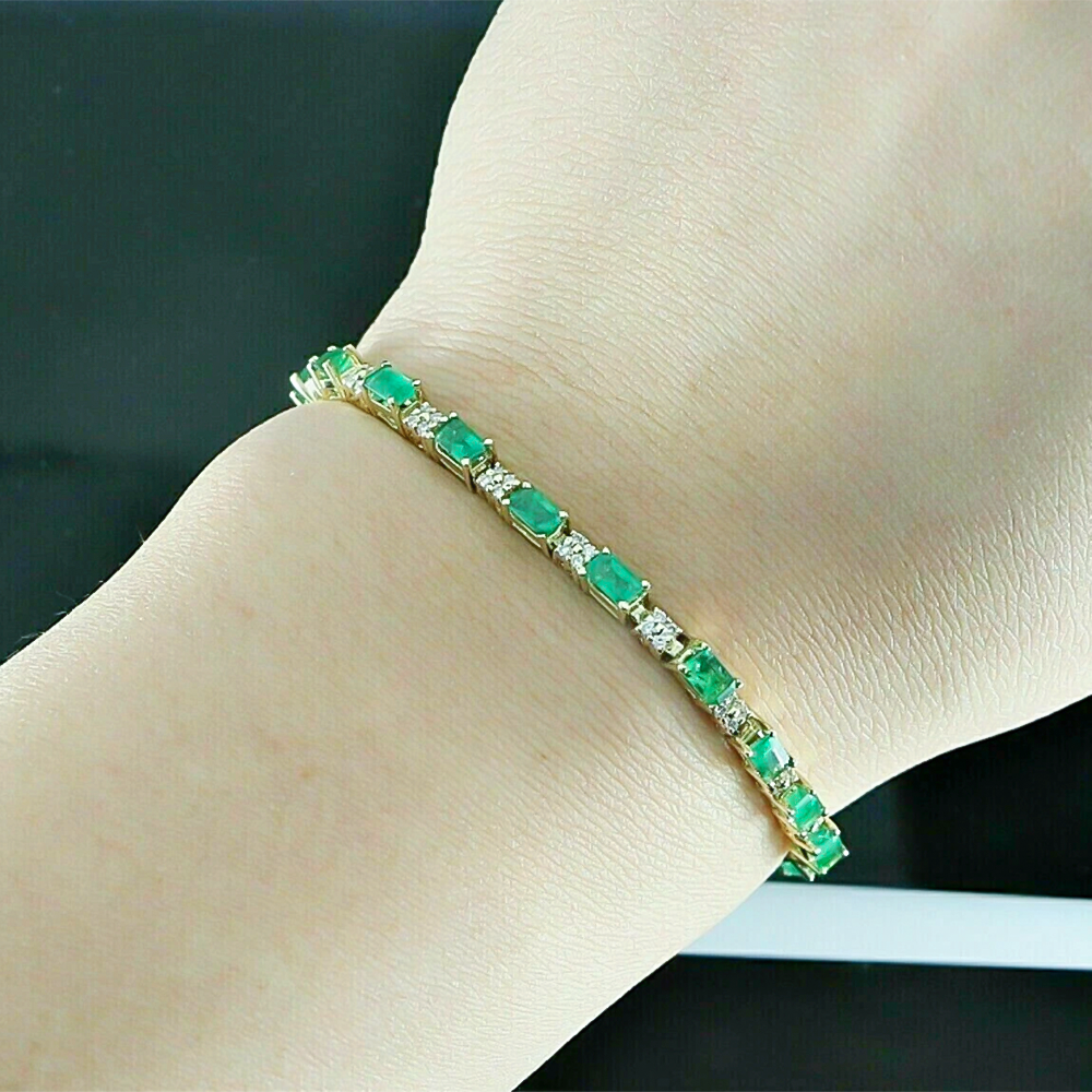 Natural Green Emerald & Diamond Women's Tennis Bracelet Solid 14k Yellow Gold - Image 3 - GEMHUB & CO.