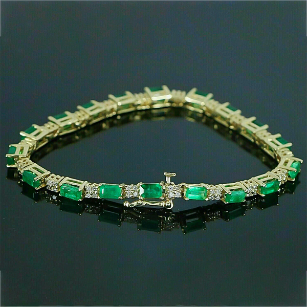 Natural Green Emerald & Diamond Women's Tennis Bracelet Solid 14k Yellow Gold - Image 4 - GEMHUB & CO.