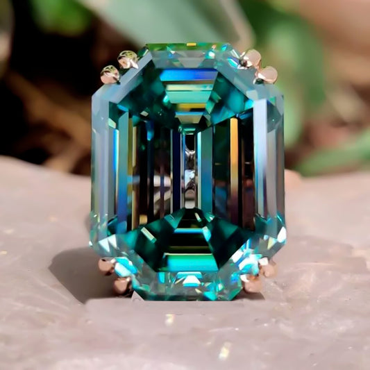 17.60 Ct Blue Emerald Cut Moissanite Ring Bold Statement Gift Ring 18K Gold Plated 18K Gold Plated