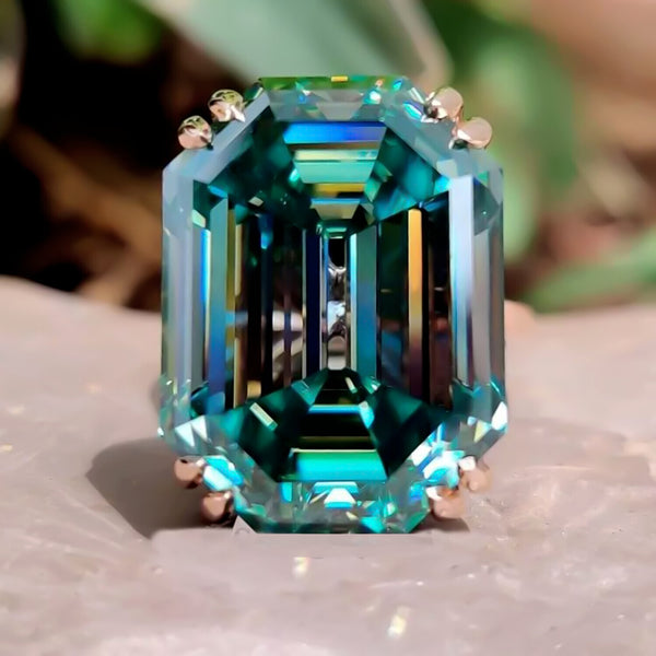 17.60 Ct Blue Emerald Cut Moissanite Ring Bold Statement Gift Ring 18K Gold Plated 18K Gold Plated
