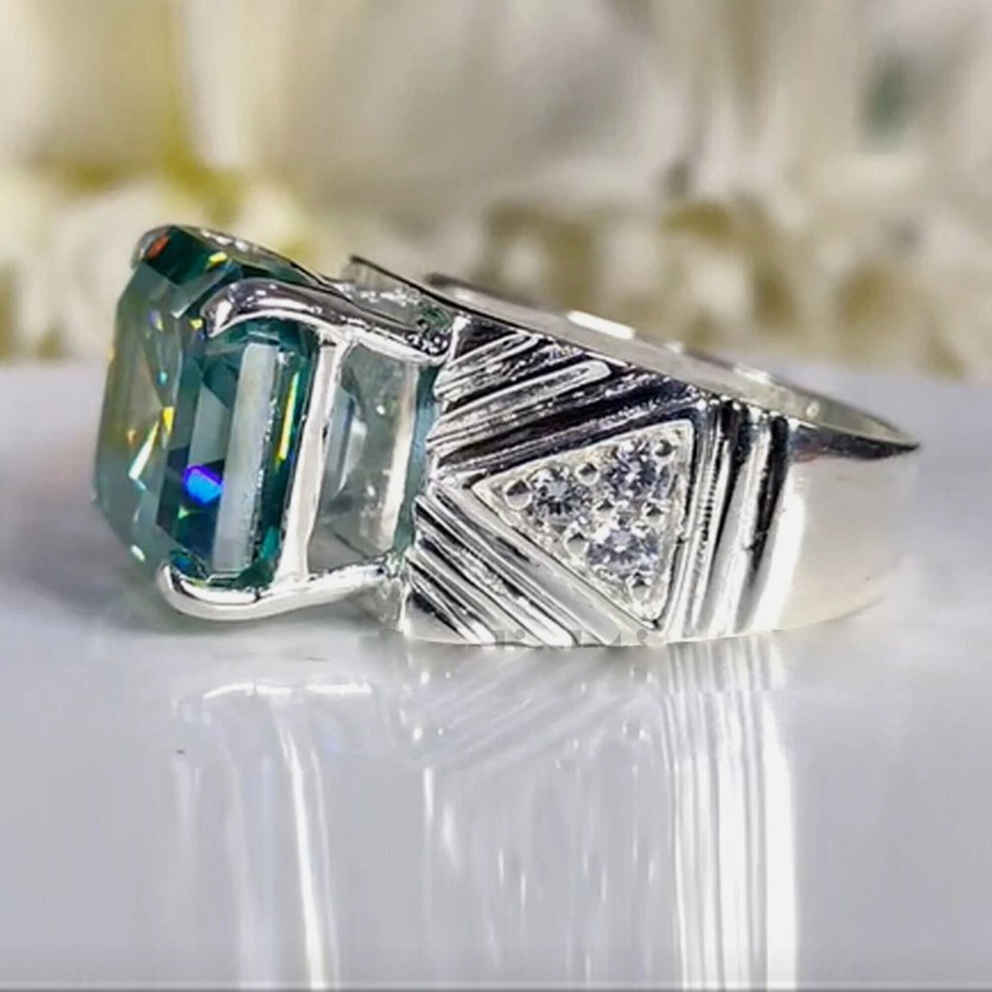 11.55 Ct Certified Blue Moissanite Asscher Cut Ring – Rare Christmas Gift in Silver 18K Gold Plated