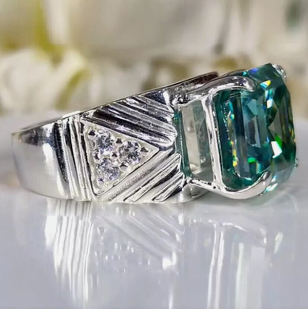 11.55 Ct Certified Blue Moissanite Asscher Cut Ring – Rare Christmas Gift in Silver 18K Gold Plated