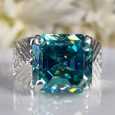 11.55 Ct Certified Blue Moissanite Asscher Cut Ring – Rare Christmas Gift in Silver 18K Gold Plated