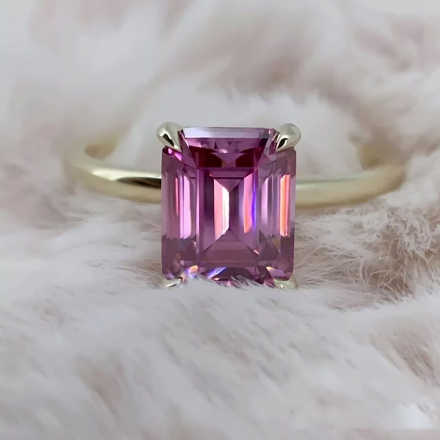 RARE 3.45 Ct Emerald Cut Pink Moissanite Solitaire Ring in Certified 18K Gold Plate 18K Gold Plated