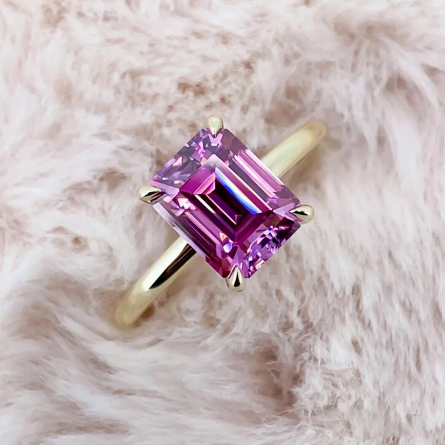 RARE 3.45 Ct Emerald Cut Pink Moissanite Solitaire Ring in Certified 18K Gold Plate 18K Gold Plated