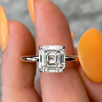 2.80 Ct Asscher Cut White Treated Moissanite Solitaire Ring in Cert 18K Gold Plated