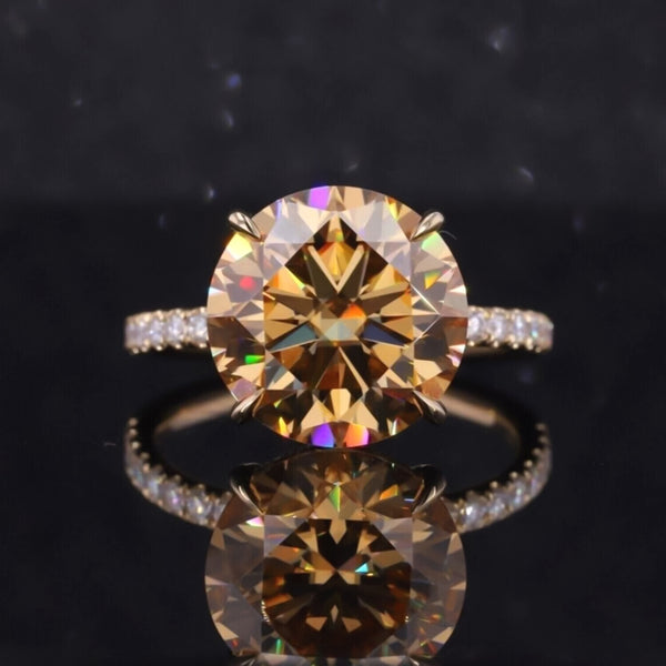 RARE 9 Ct Round Brilliant Champagne Moissanite Ring in 18K Gold Plated