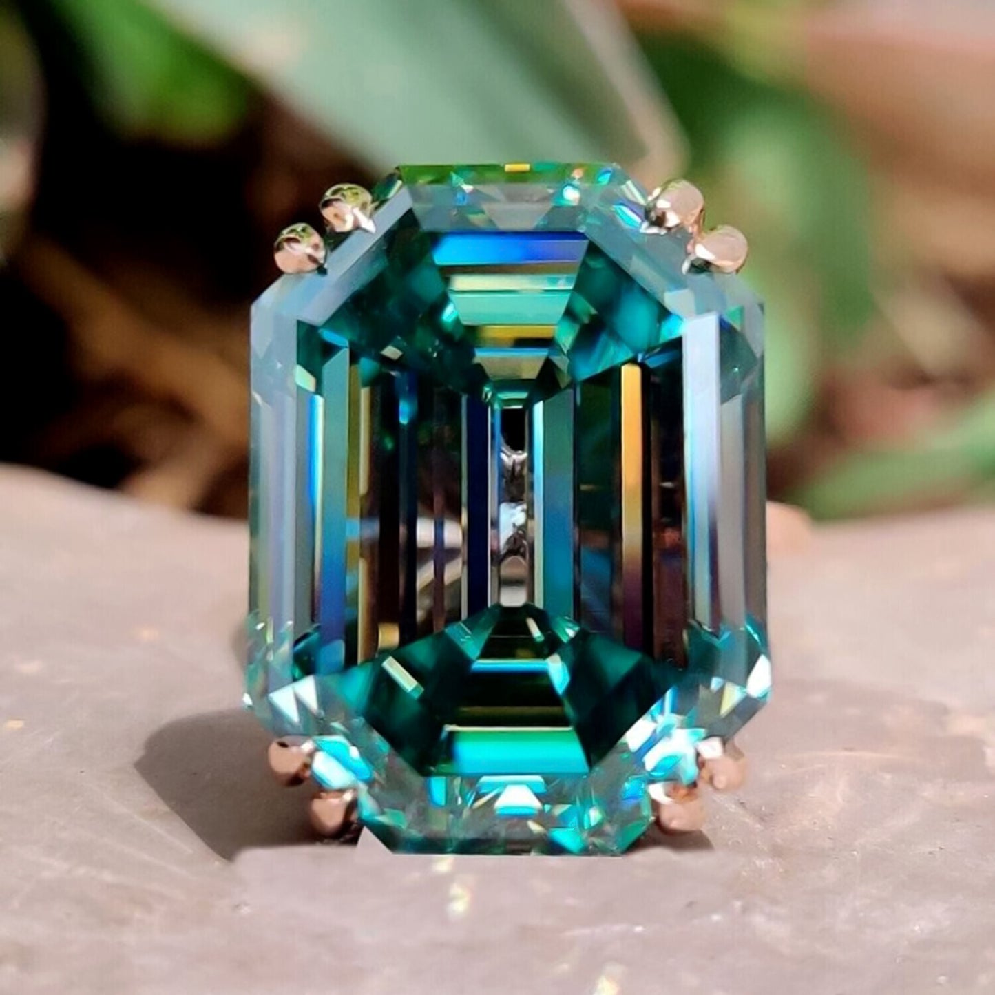 35.20 Ct Emerald Cut Blue Moissanite Ring in Solitaire Certified 18K Gold Plated Ve 18K Gold Plated