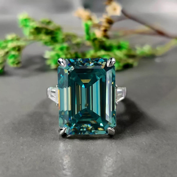 5.85 Ct Emerald Cut Blue Moissanite Ring In With EGL Certificate 18K Gold Plated Ve 18K Gold Plated