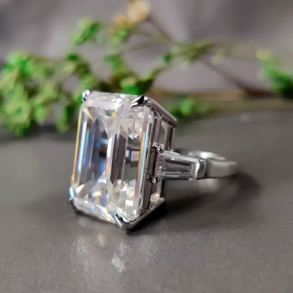 14.50 Ct EGL Certified White Emerald Cut Moissanite Ring 18K Gold Plated
