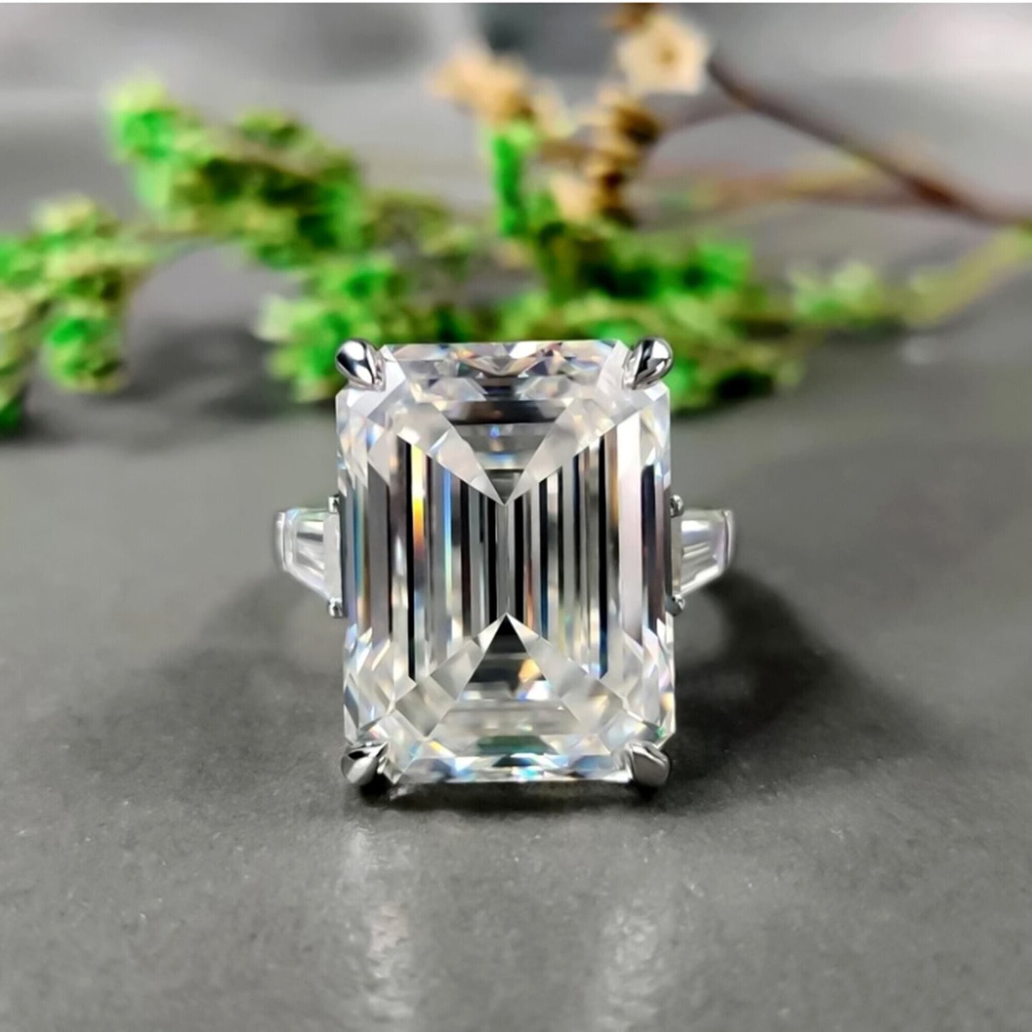 14.50 Ct EGL Certified White Emerald Cut Moissanite Ring 18K Gold Plated