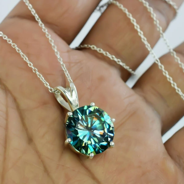 7.80 Ct Certified Round Blue Moissanite Pendant In Vermeil 925 Silver Jewelry - View 2 - GEMHUB & CO.