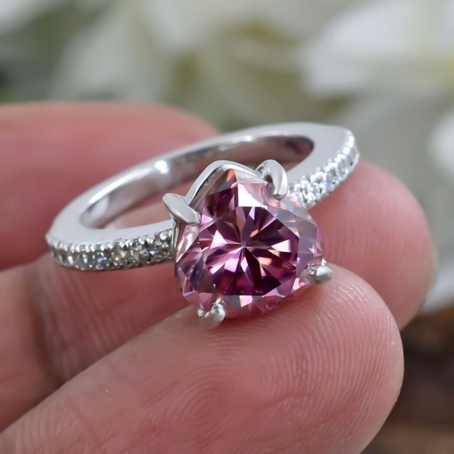 Certified 2.4 Ct Natural Trillion Pink Moissanite Ring in Solitaire 18K Gold Plated