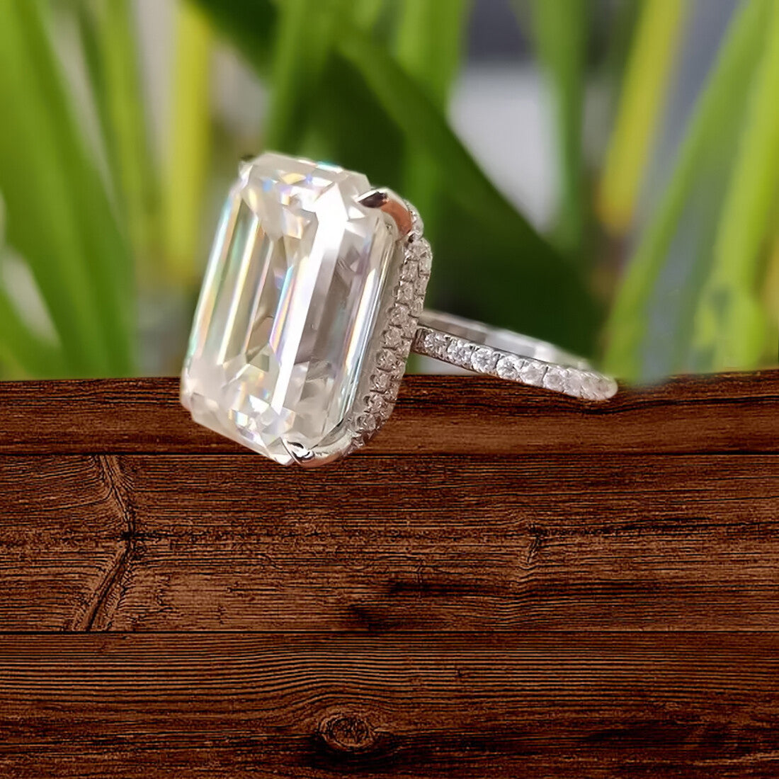 18.65 Ct White Moissanite Emerald Solitaire Ring - 925 Sterling Silver Gold Vermeil