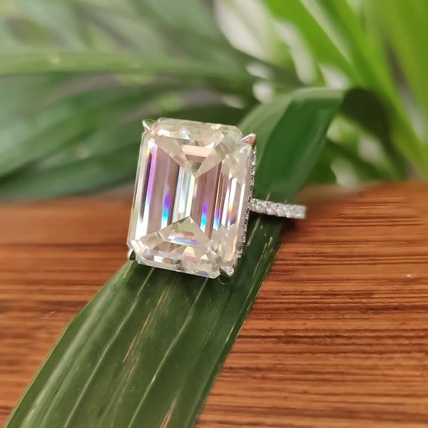 18.65 Ct White Moissanite Emerald Solitaire Ring - 925 Sterling Silver Gold Vermeil