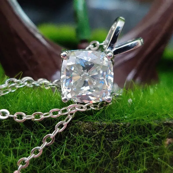 4.60 Ct Certified Cushion Cut White Moissanite Solitaire Pendant In Vermeil - View 3 - GEMHUB & CO.