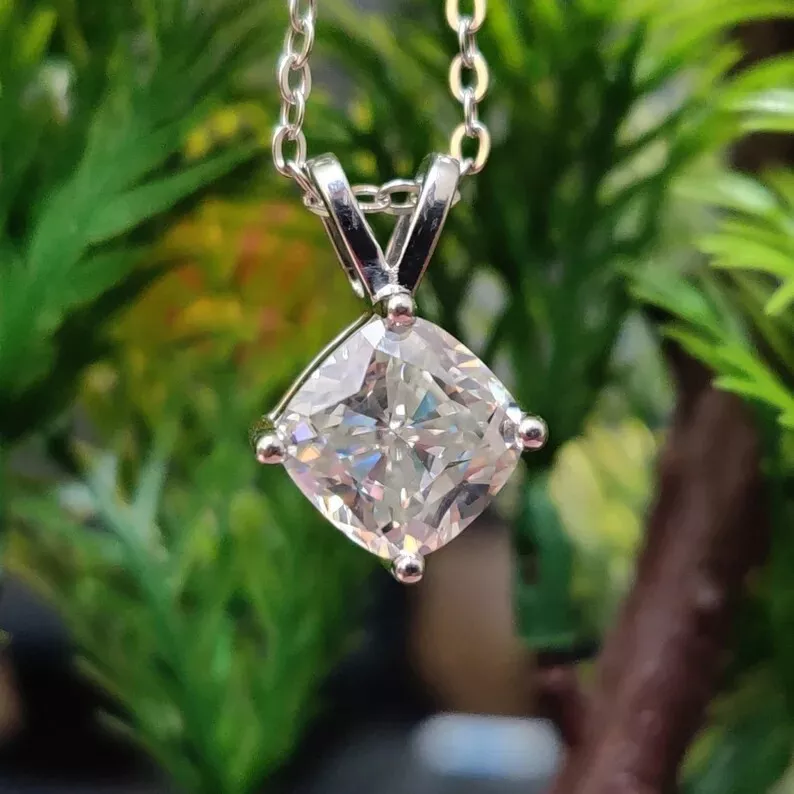 4.60 Ct Certified Cushion Cut White Moissanite Solitaire Pendant In Vermeil - GEMHUB & CO.