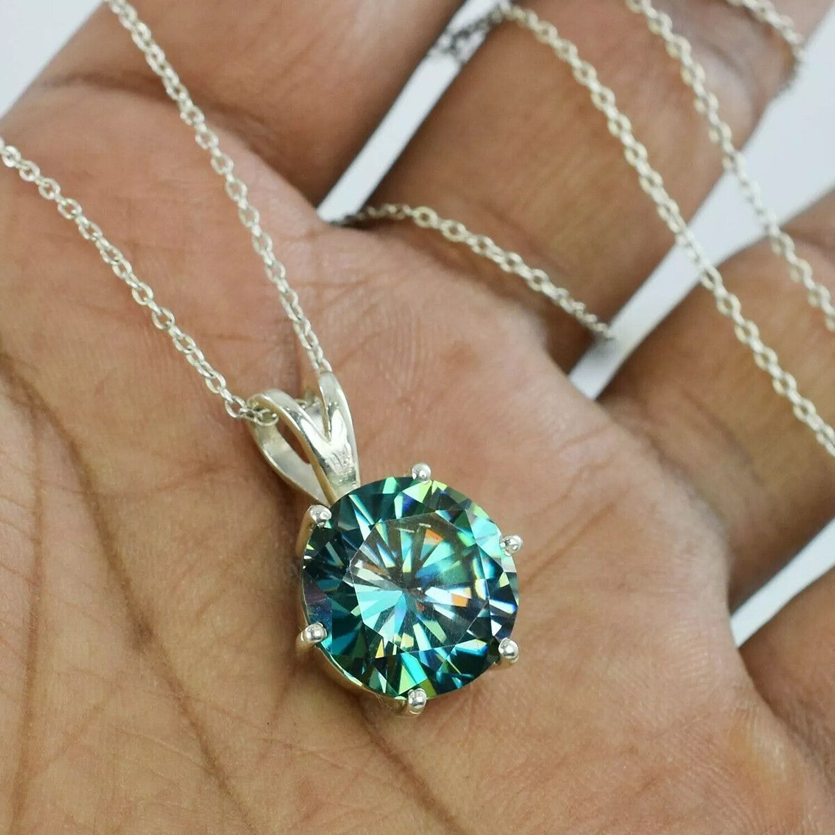Certified 5.60 Ct Round Cut Blue Moissanite Solitaire Pendant Gold Vermeil - View 2 - GEMHUB & CO.