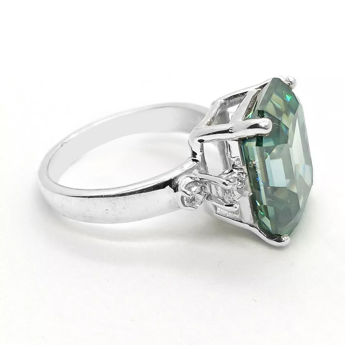 10.4 Ct Blue Moissanite Emerald Solitaire Ring - 925 Sterling Silver Gold Vermeil