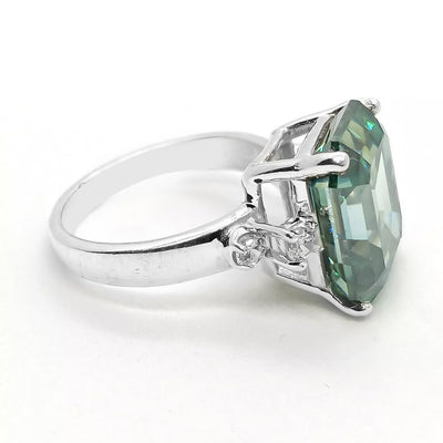 10.4 Ct Blue Moissanite Emerald Solitaire Ring - 925 Sterling Silver Gold Vermeil