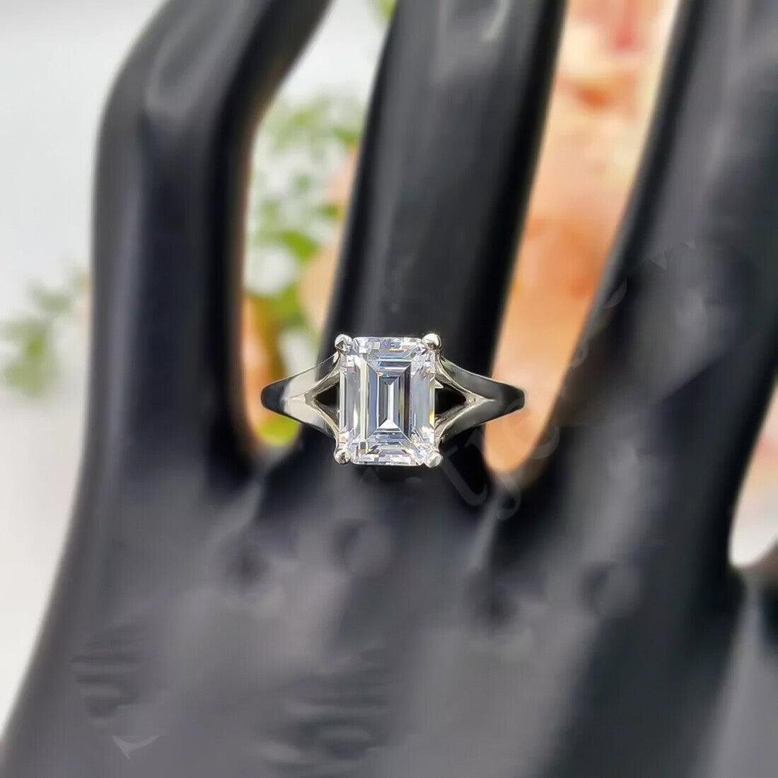 2.90 Ct Certified Emerald Cut Solitaire White Moissanite Ring 18K Gold Plated Verme 18K Gold Plated