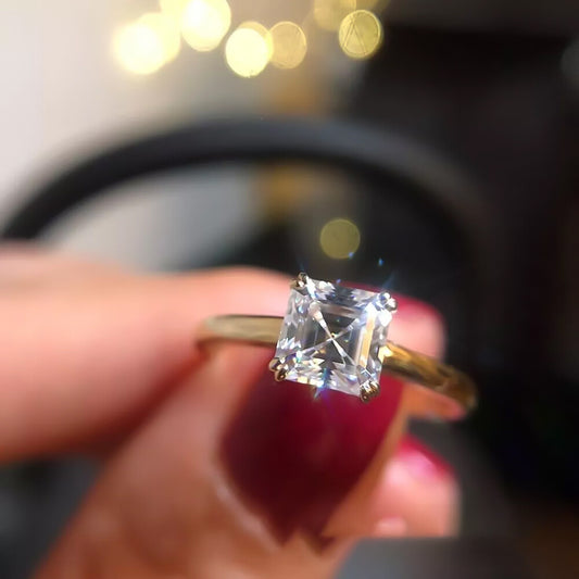 2.40 Ct Certified Asscher Cut White Solitaire Moissanite Ring 18K Gold Plated Verme 18K Gold Plated