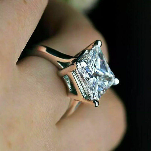 4.15 ct DEW White Moissanite Princess Solitaire Ring - 18K Gold Vermeil on 925 Sterling Silver